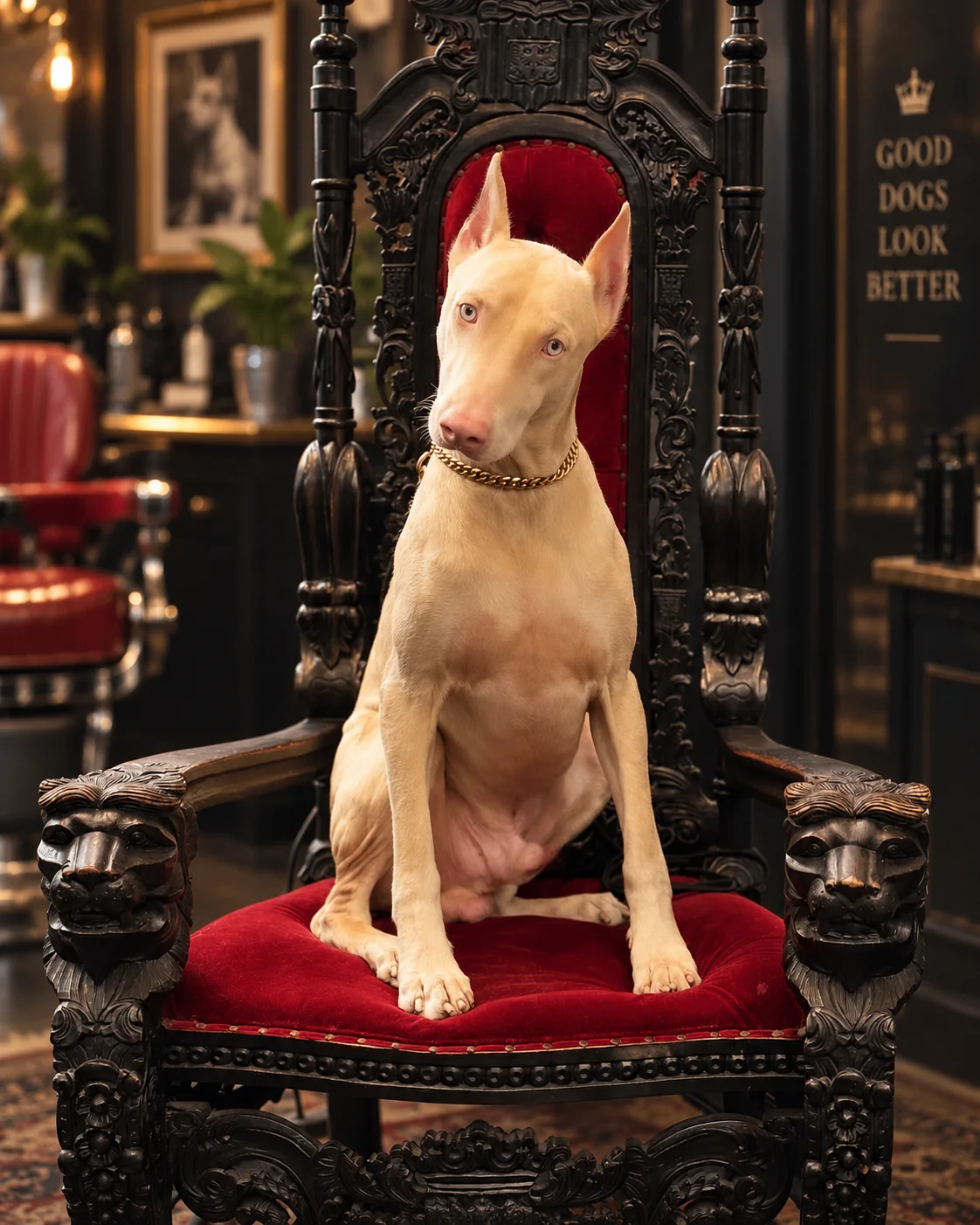 Light Doberman seated on an ornate carved chair