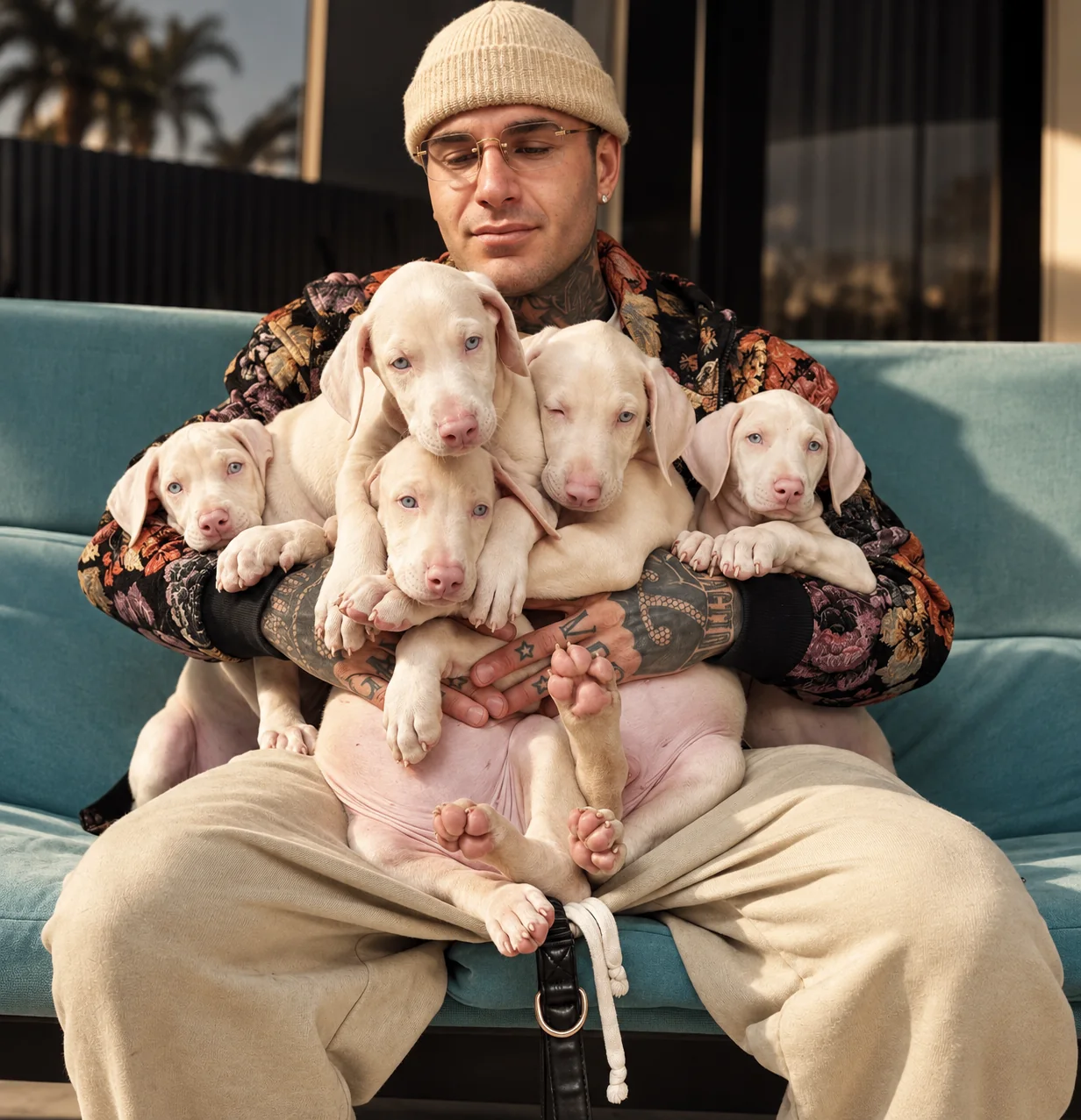 The person behind MIACE holding five light Doberman puppies