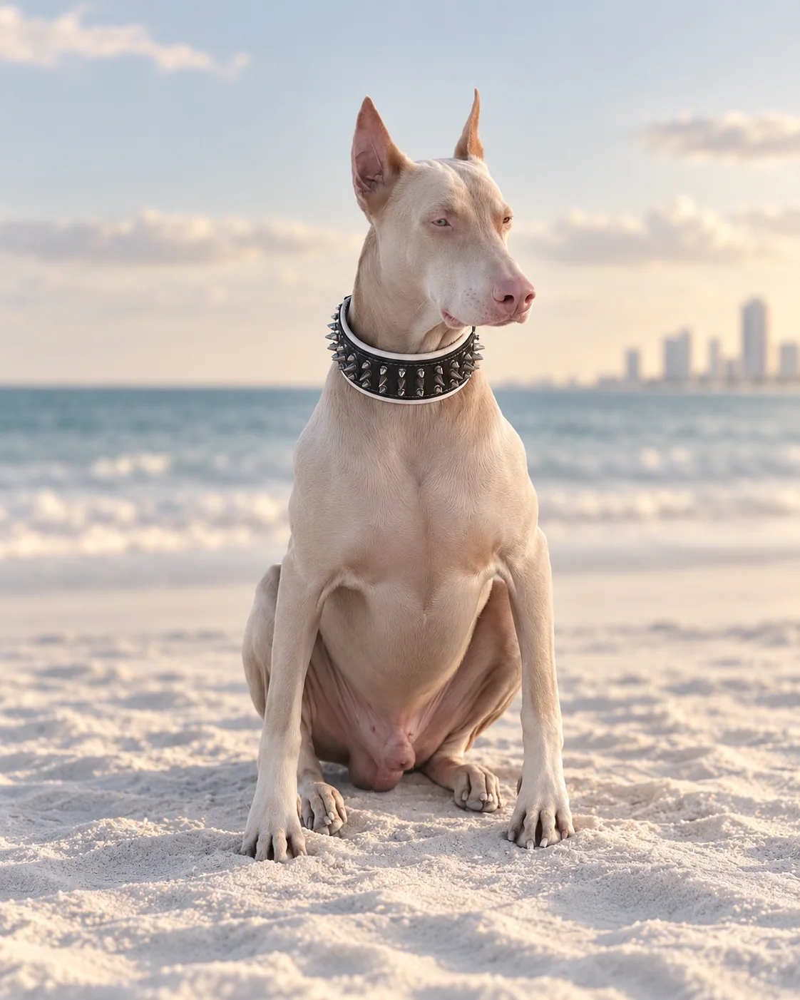 Light Doberman seated on Miami Beach with the skyline in the distance