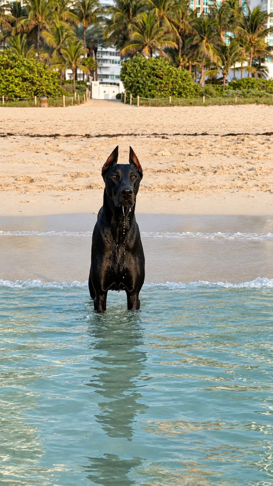 Black Doberman standing in the clear water at Miami Beach