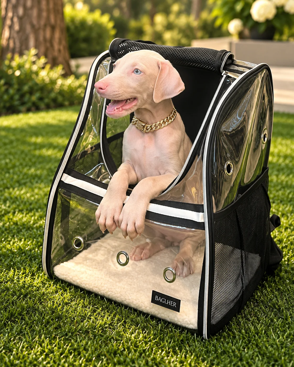 Light Doberman puppy sitting in a travel carrier outdoors